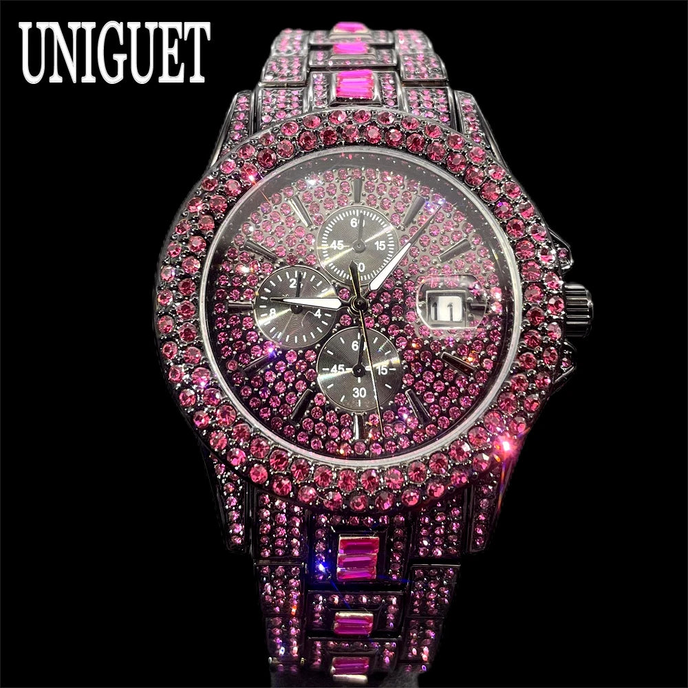 Vendita calda orologio rosso ghiaccio per uomo marchio di moda UNIGUET Hip Hop pieno di diamanti gioielli in acciaio inossidabile di lusso orologio da polso al quarzo uomo