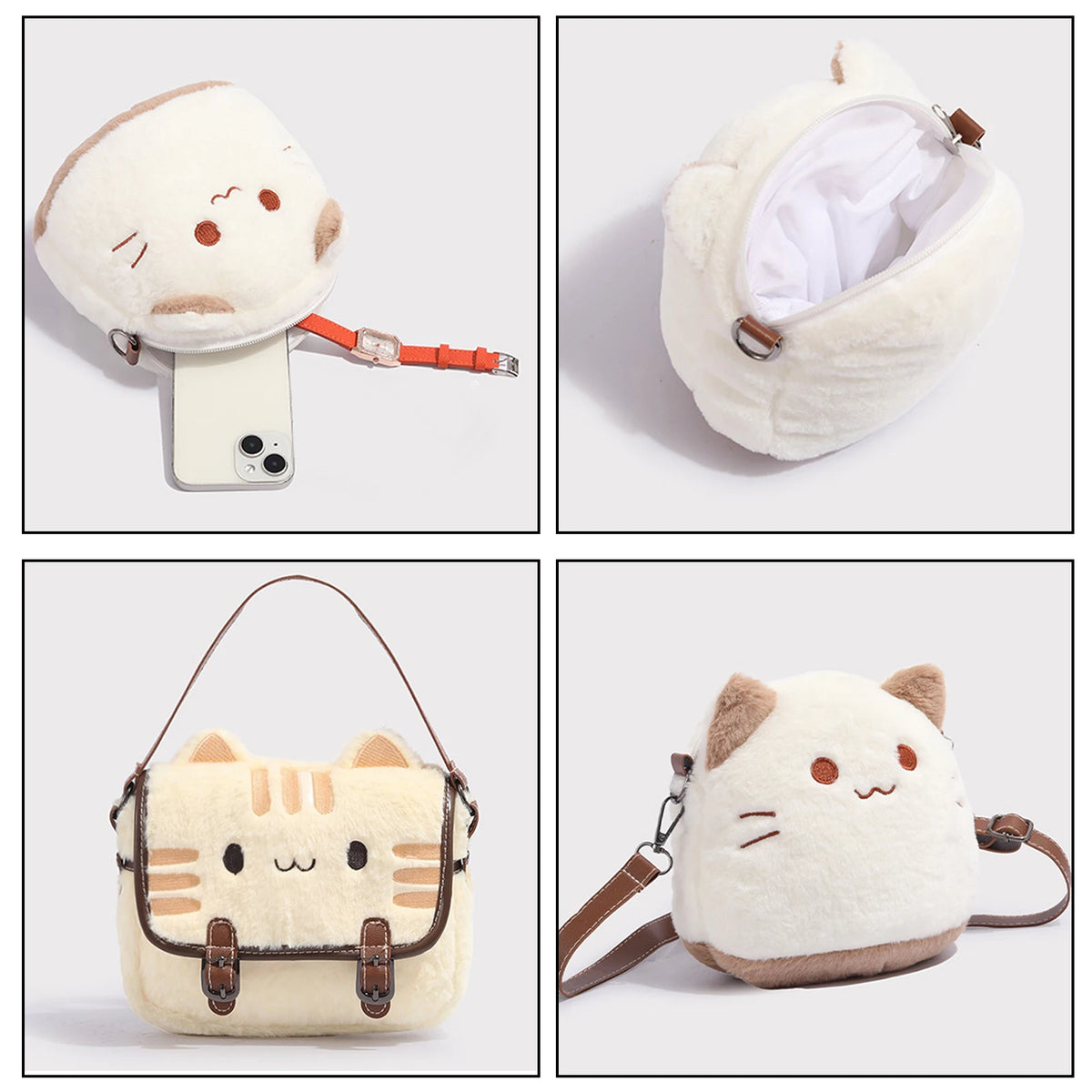 Cute Plush Cat Handbag Adorable Stuffed Animal Hand-Made Backpack Large Capacity Shoulder Bag Cartoon Daypack For Kids Girls