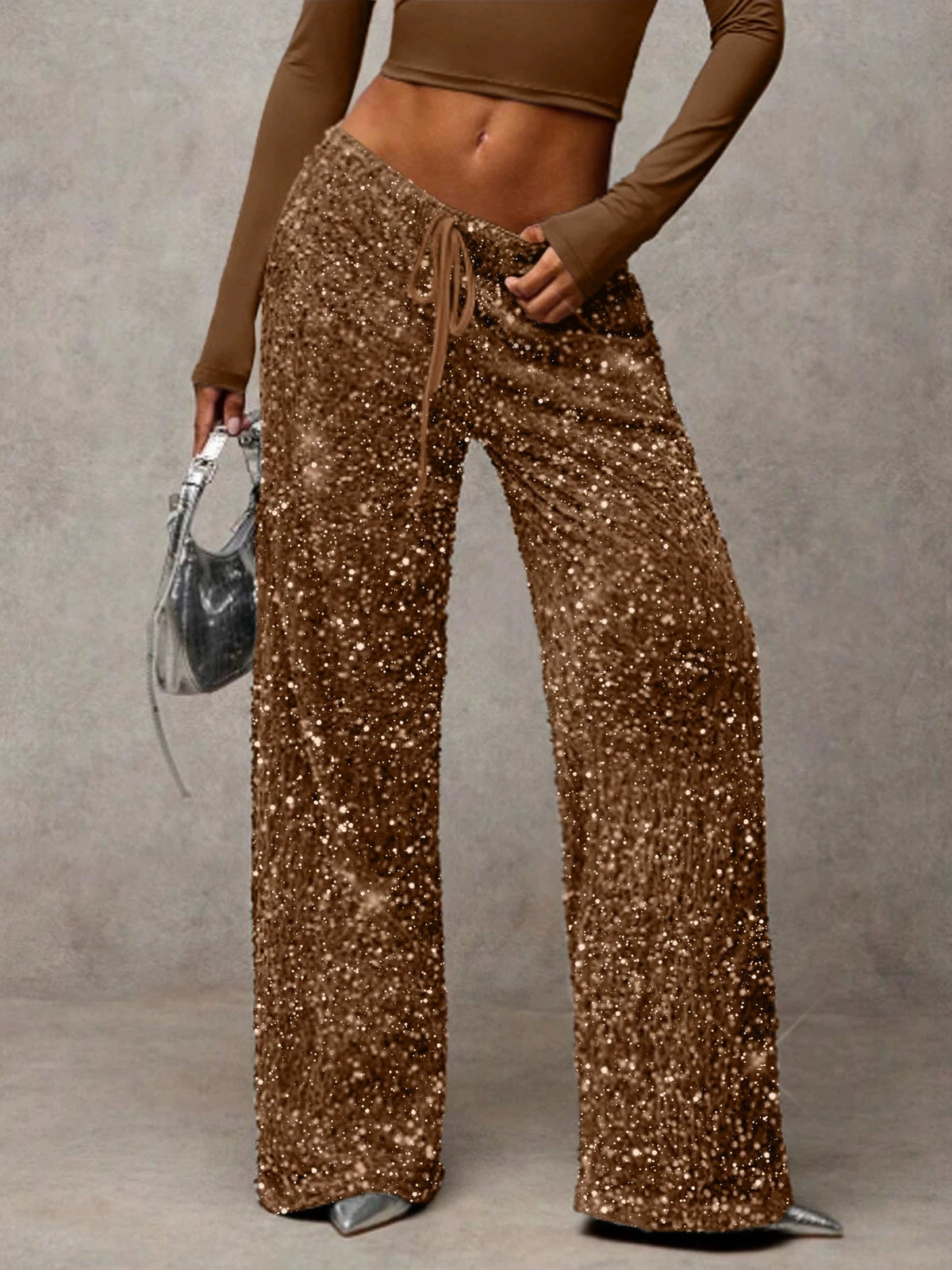 Pantaloni da donna in stile euro-americano con paillettes, coulisse alla moda, effetto snellente, nuovi, elastici, a gamba dritta.