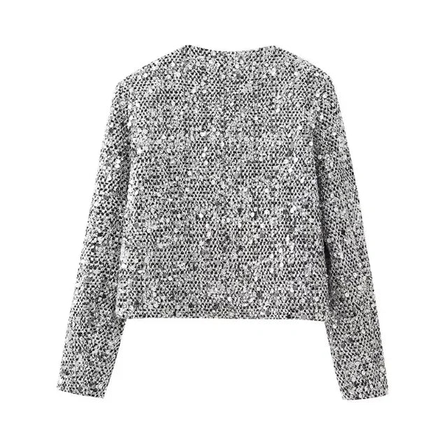 Giacca Corta da Donna Chic con Paillettes Argento, Cardigan Casual con Collo Tondo, Maniche Lunghe e Tasche, Elegante Cappotto Autunnale da Donna