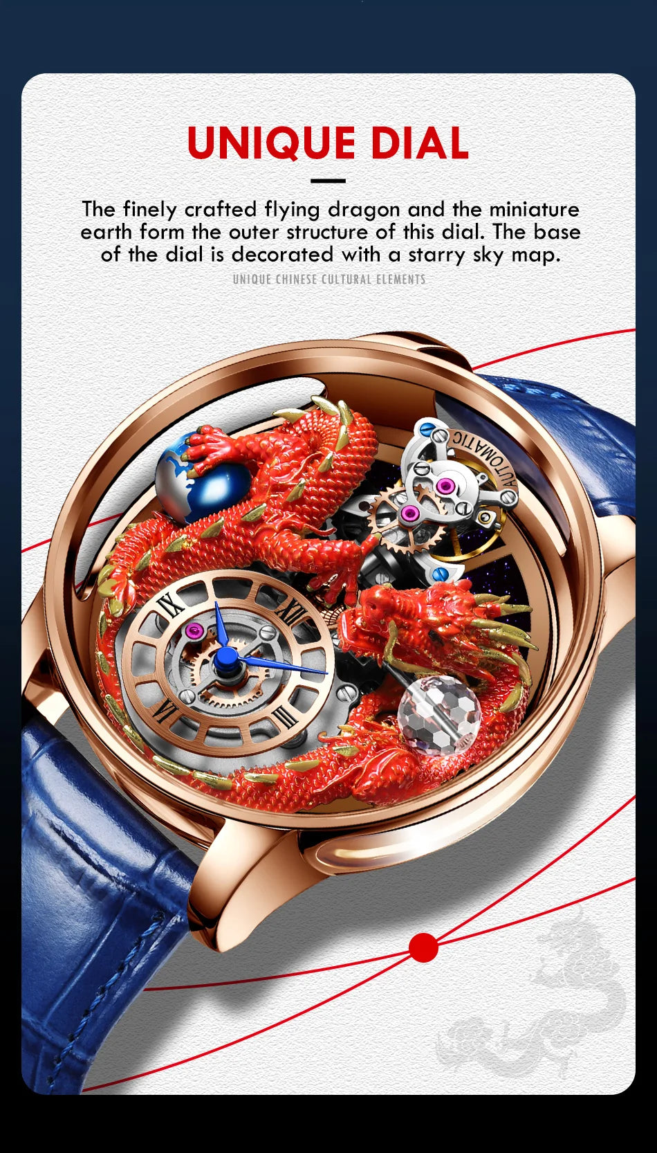 2024 PINDUCelestial Series orologio da uomo Traditionnelle Artisanat Dragon orologio al quarzo specchio curvo orologio dal Design completamente trasparente