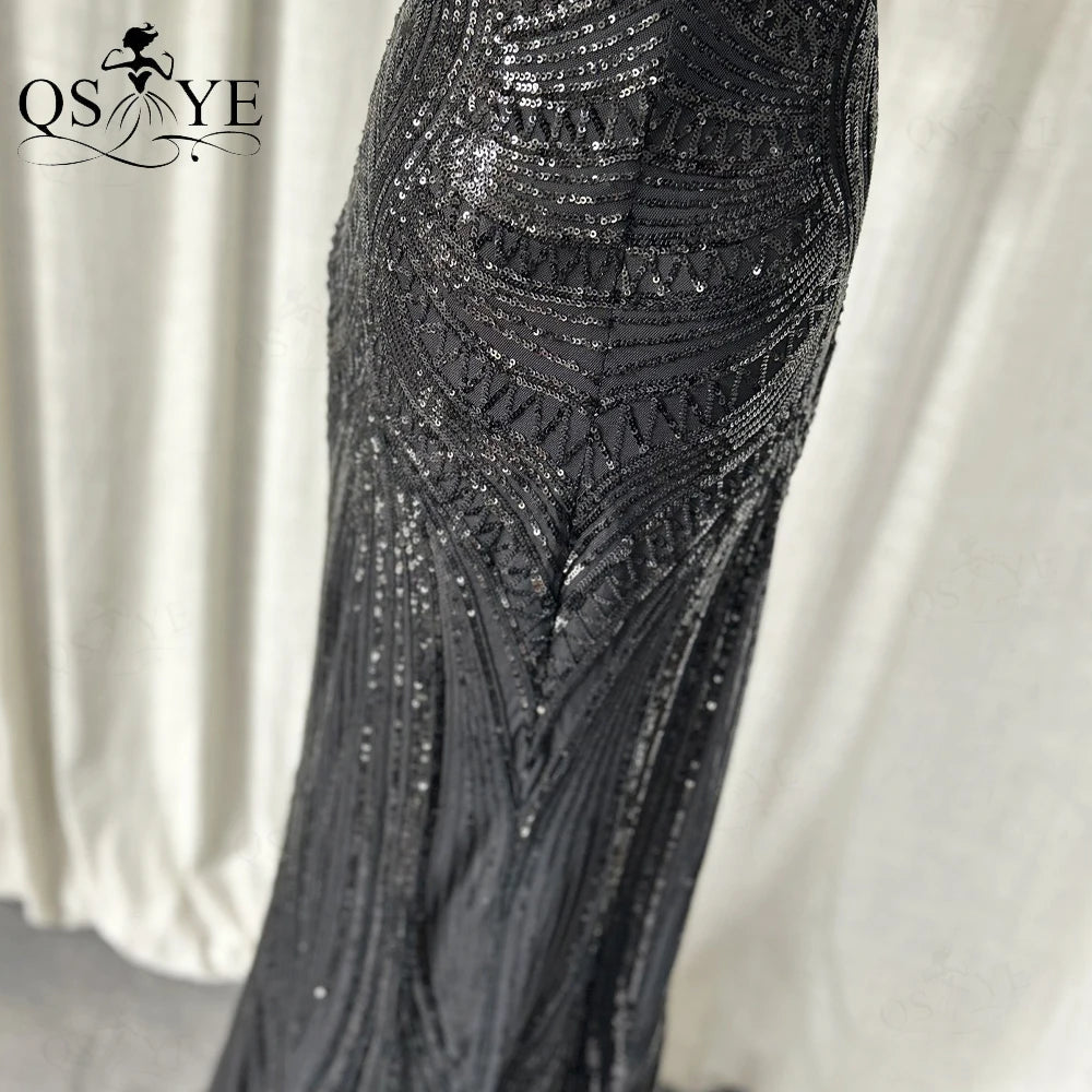 Abito da sera lungo nero semplice con paillettes, modello a sirena, spalline sottili, scollo a V, senza schienale, elegante per feste