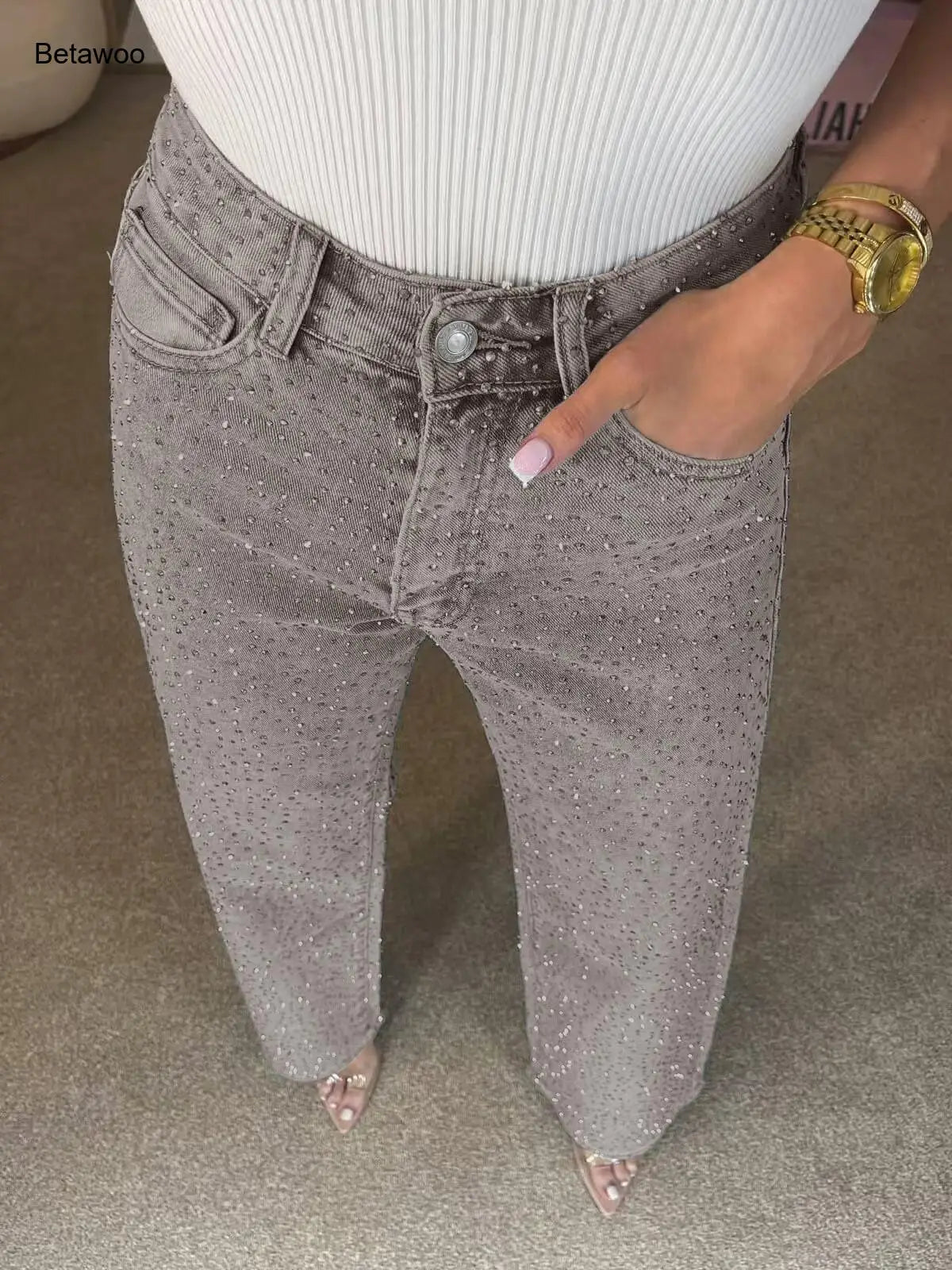Jeans da Donna a Vita Alta con Strass, Gamba Larga, Lavaggio Chiaro, Pantaloni in Denim Scintillanti a Gamba Dritta