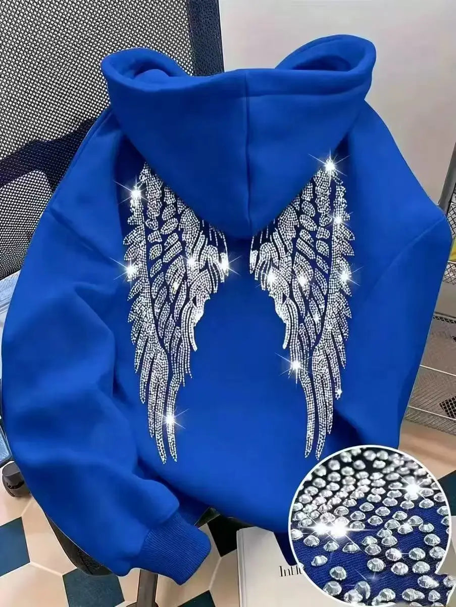 Felpa con cappuccio casual e ampio, design minimalista di tendenza 2026 con ali e strass, giacca pullover