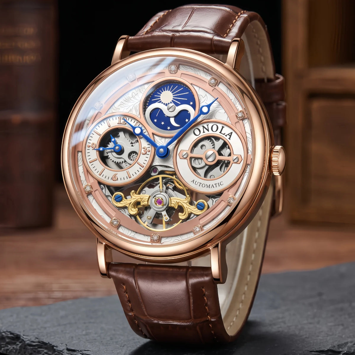 Orologio Meccanico da Uomo ONOLA, Cassa Rotonda, Quadranti Multipli, Quadrante Cavo con Fasi Lunari Giorno Notte, Regalo per Lui