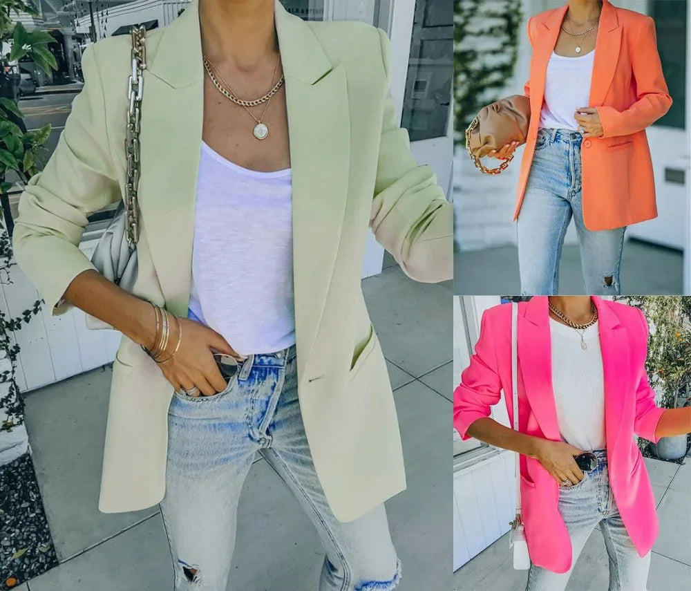 Giacca da Donna Elegante Monocolore a Maniche Lunghe con Colletto Rovesciato, Nuova Collezione Autunno Inverno, Stile Cross-Border