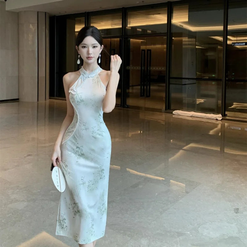 Abito lungo a vita alta senza maniche, stile retrò, con perline, modello cheongsam migliorato, aderente e snellente, per il tempo libero e il commuting.