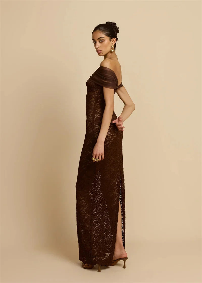 Abito lungo sexy senza schienale con spalle scoperte in pizzo Abito da donna Elegante abito da club aderente diviso senza spalline senza spalline