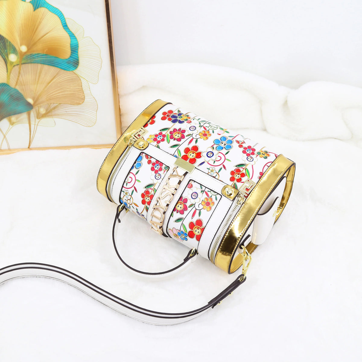 Borsa da donna con stampa di fiori e piante alla moda Borsa da donna con cuscino con cuciture intelligenti Borsa da donna di grande volume Borsa a spalla singola