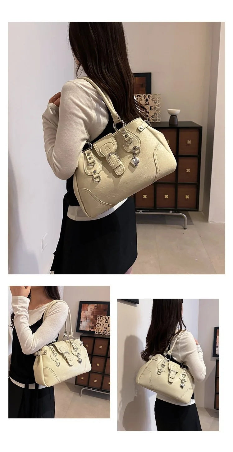 Borsa a Tracolla alla Moda Nuovo Stile 2026, Borsa a Mano Semplice per il Pendolarismo, Versatile con Elementi Rivetto Tinta Unita, Stile Coreano