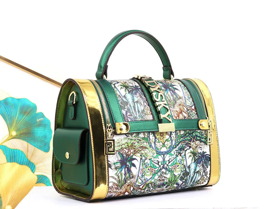 Borsa Boston da Donna con Stampa, Borsa a Spalla Grande Capacità, Borsa a Tracolla con Doppia Cerniera, Stile Mezza Copertura, Borsa con Manico Superiore
