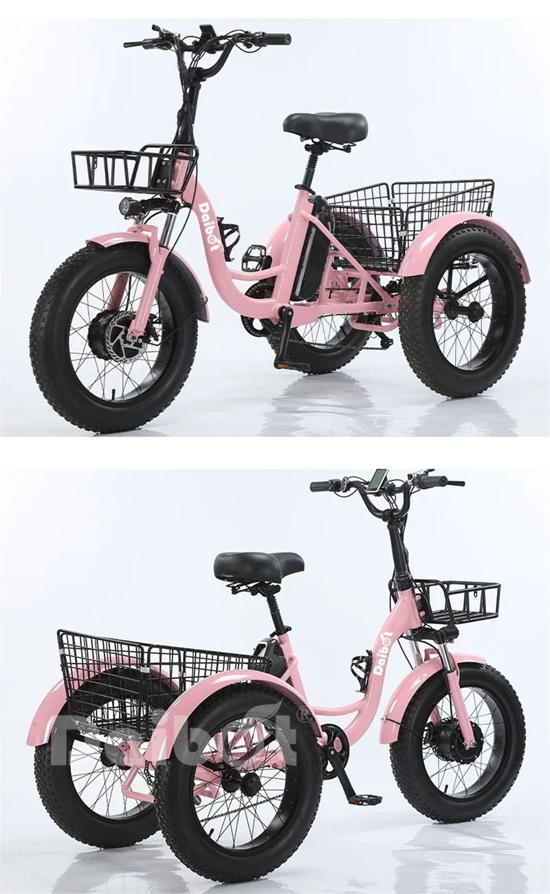 Triciclo eléctrico para adultos 3 ruedas 500W 48V Fat Tire Bicicleta eléctrica de carga para damas Batería extraíble impermeable y antirrobo