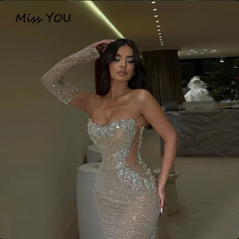 Abito da ballo personalizzato, lussuoso e brillante, con perline, senza spalline, effetto illusione, sexy, per occasioni formali