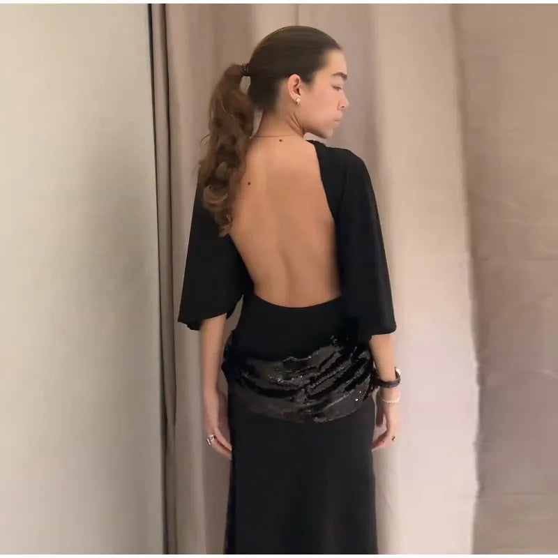 Sexy profondo scollo a V patchwork di pizzo con paillettes abito lungo da donna sottile senza maniche backless hip pacchetto abiti 2026 primavera abito da festa della signora