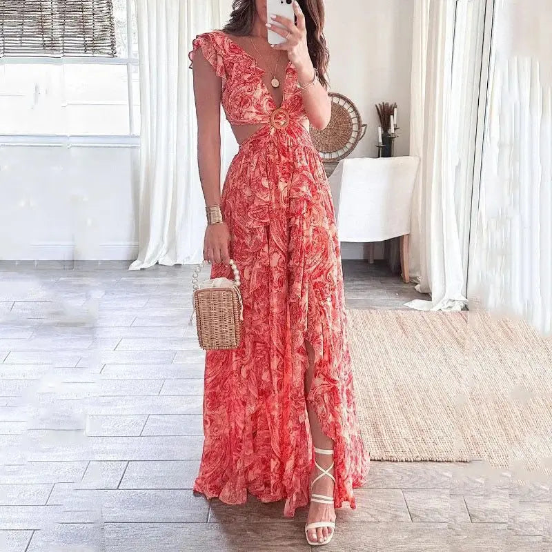 Abito lungo irregolare con piega cava aperta in vita senza maniche sexy stampato alla moda primavera da donna