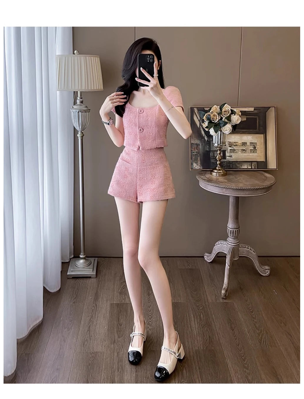 Camicia corta da donna con colletto quadrato in tweed grossolano stile street Pantaloncini slim coreani a vita alta Estate dolce rosa alla moda Due pezzi