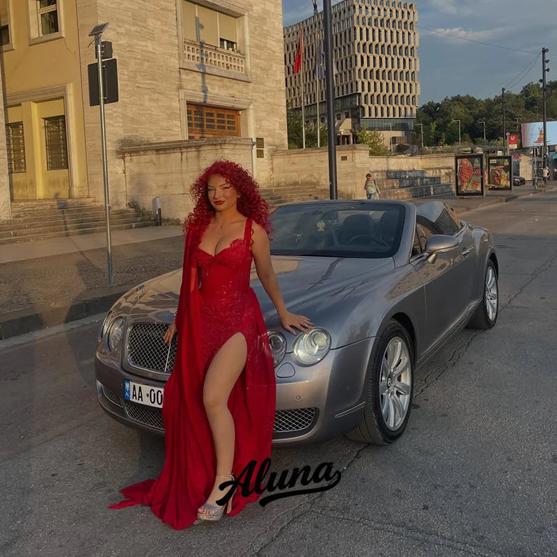 Abito da sera Aluna personalizzato 2026 rosso lucido a sirena con paillettes, scollo a cuore e spacco alto - Vestidos Robes De Soiree
