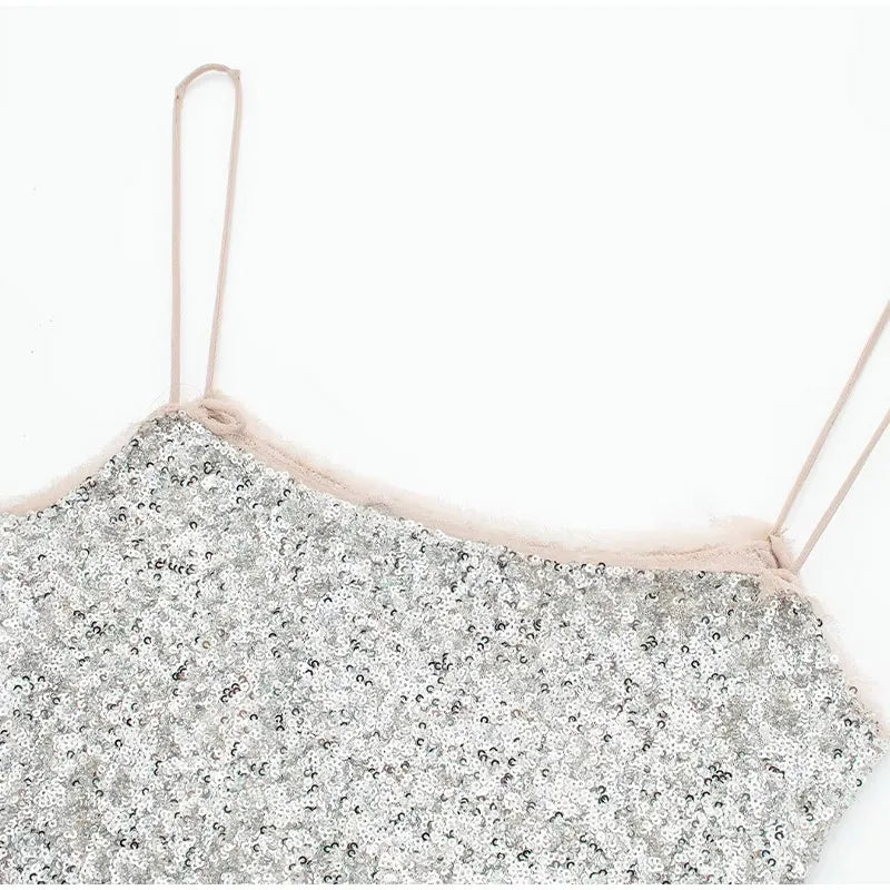 Elegante Abito con Paillettes da Donna Primavera Estate 2026, Vestito Senza Maniche con Scollo a Barca, Abito da Festa Scintillante, Dolce Abito da Ufficio Argento
