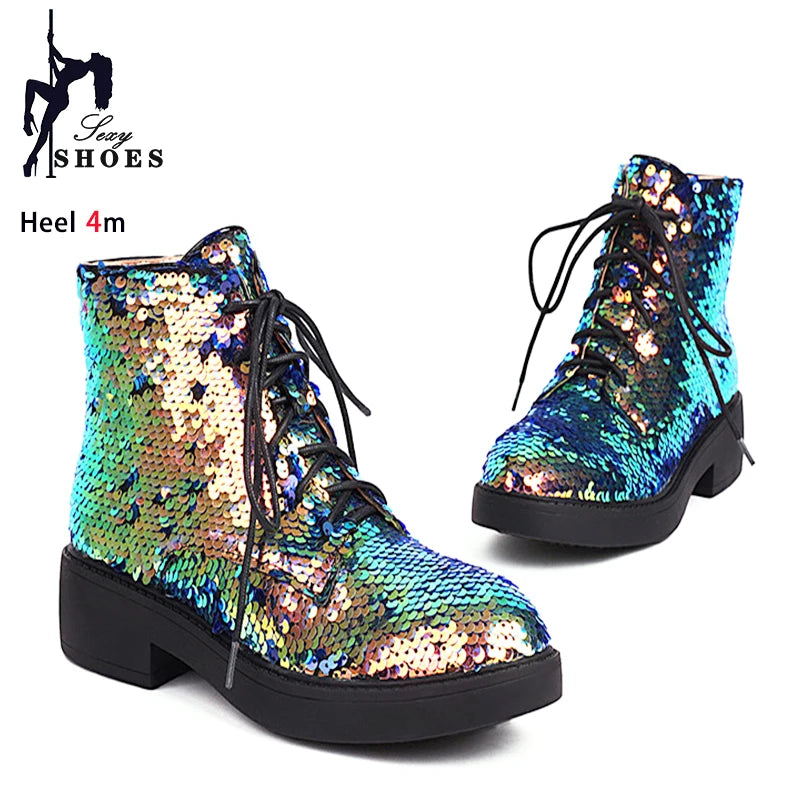 Donna Autunno Inverno Stivaletti 2024 Tendenza Comfort Casual Hip-Hop Scarpe da ballo con paillettes Club Party Donna Stivaletti stringati
