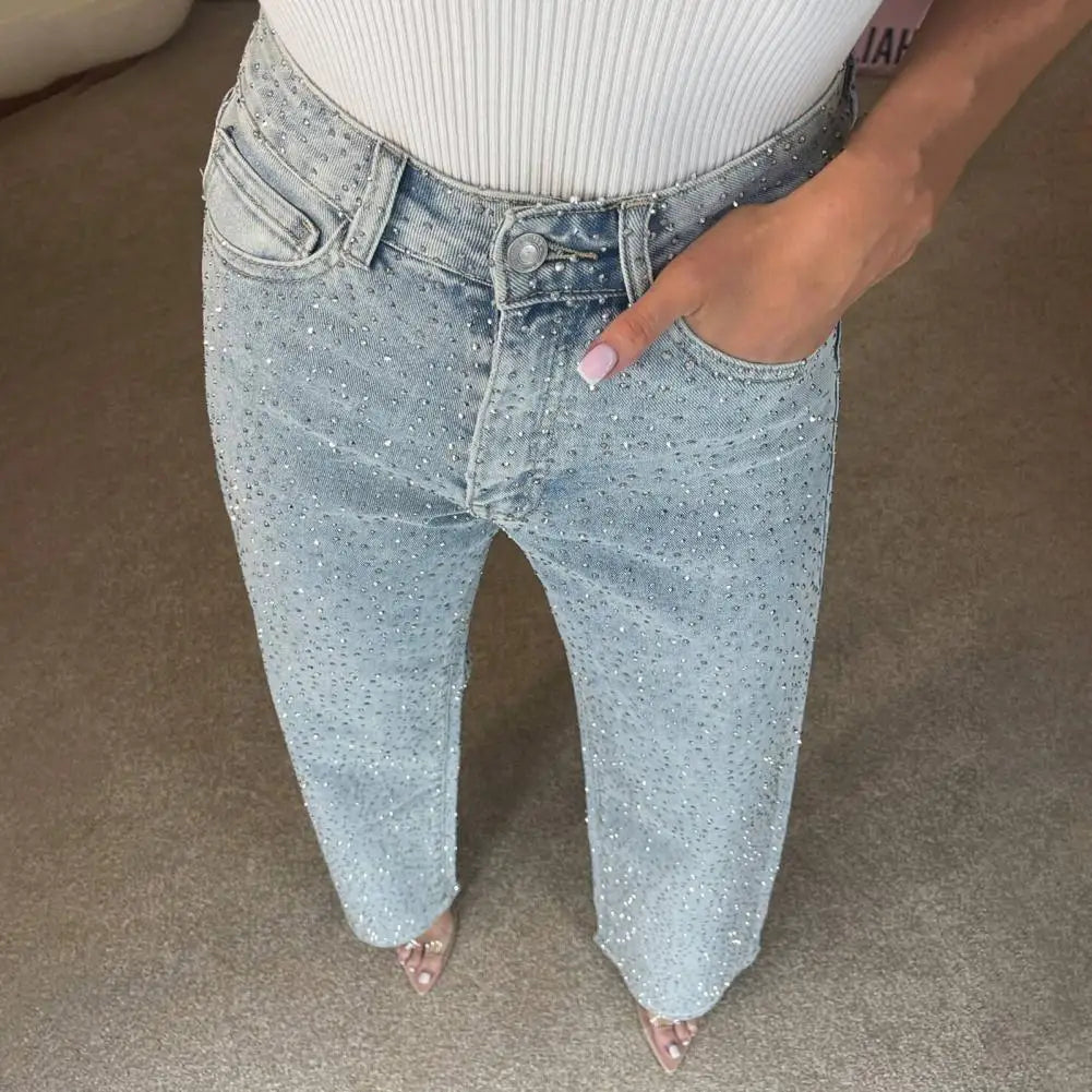 Jeans con perle finte per donna Pantaloni in denim elasticizzato a gamba dritta a vita alta Pantaloni larghi con perline a gamba larga casual Moda streetwear