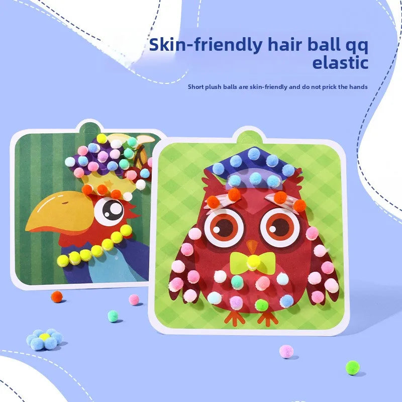 Handmade Material Children's Sticker Book Educational Early Learning Animal Pompom Art Kit Cartoon Montessori Pompom Crafts Toy