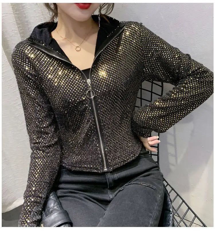 Giacca Autunnale da Donna, Nuova Giacca Corta con Paillettes, Moda Femminile, Manica Lunga, Design Elegante, Camicia Sexy