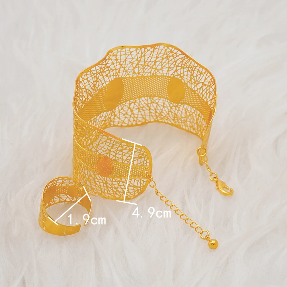 Bracciale color oro Dubai con anello per donna Bracciale con polsino a catena con ciondoli Bracciale indiano Arabo Francia Regali di gioielli da sposa