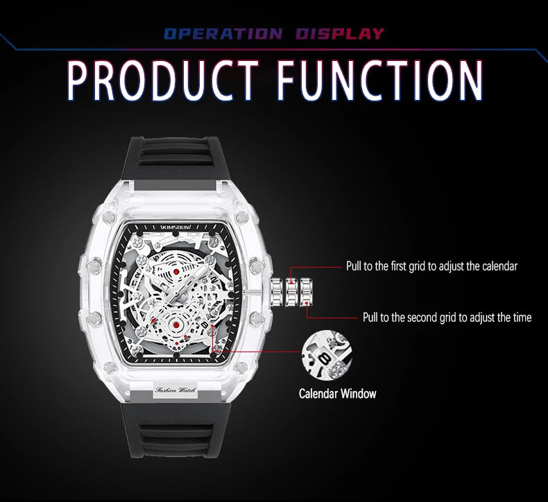 UTHAI BK134 Orologio da Uomo alla Moda a Forma di Botte Trasparente Impermeabile al Quarzo Orologio Sportivo Regalo per Uomo