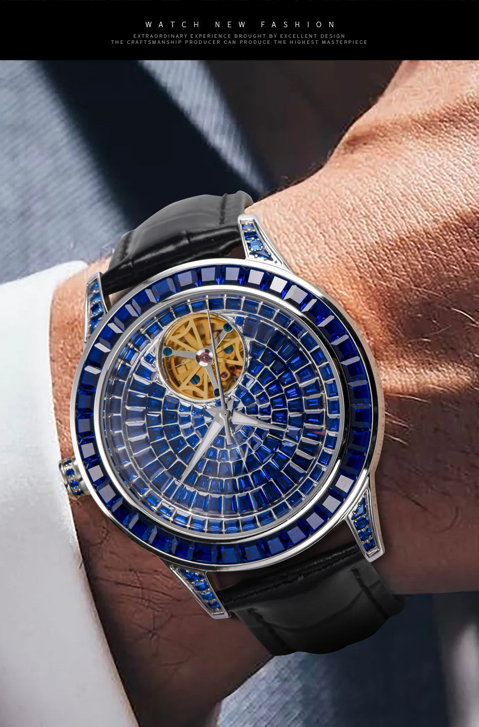 Orologio da Polso Automatico Meccanico da Uomo PINDU Original Design, Elegante con Diamanti Incastonati, Modello P5037