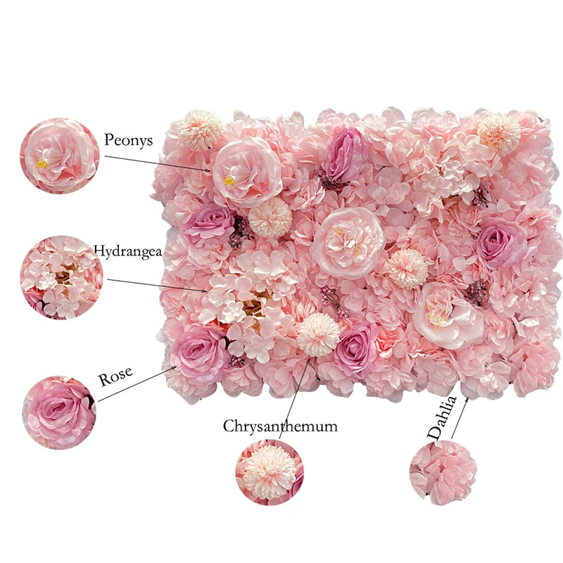 Flores de pared de fondo de seda rosa, decoración de boda, panel de pared de flores artificiales personalizado para telones de fondo de decoración del hogar, baby shower