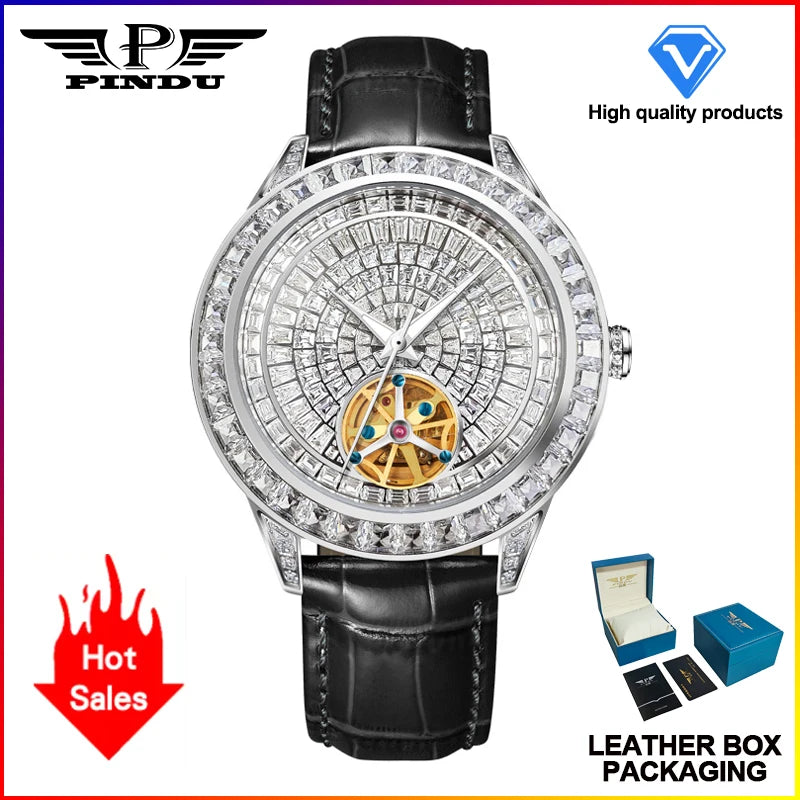 PINDU Design NUOVO Orologio Meccanico da Uomo 42MM con Quadrante Diamantato, Acciaio Inossidabile, Impermeabile, Automatico, Lusso di Alta Gamma