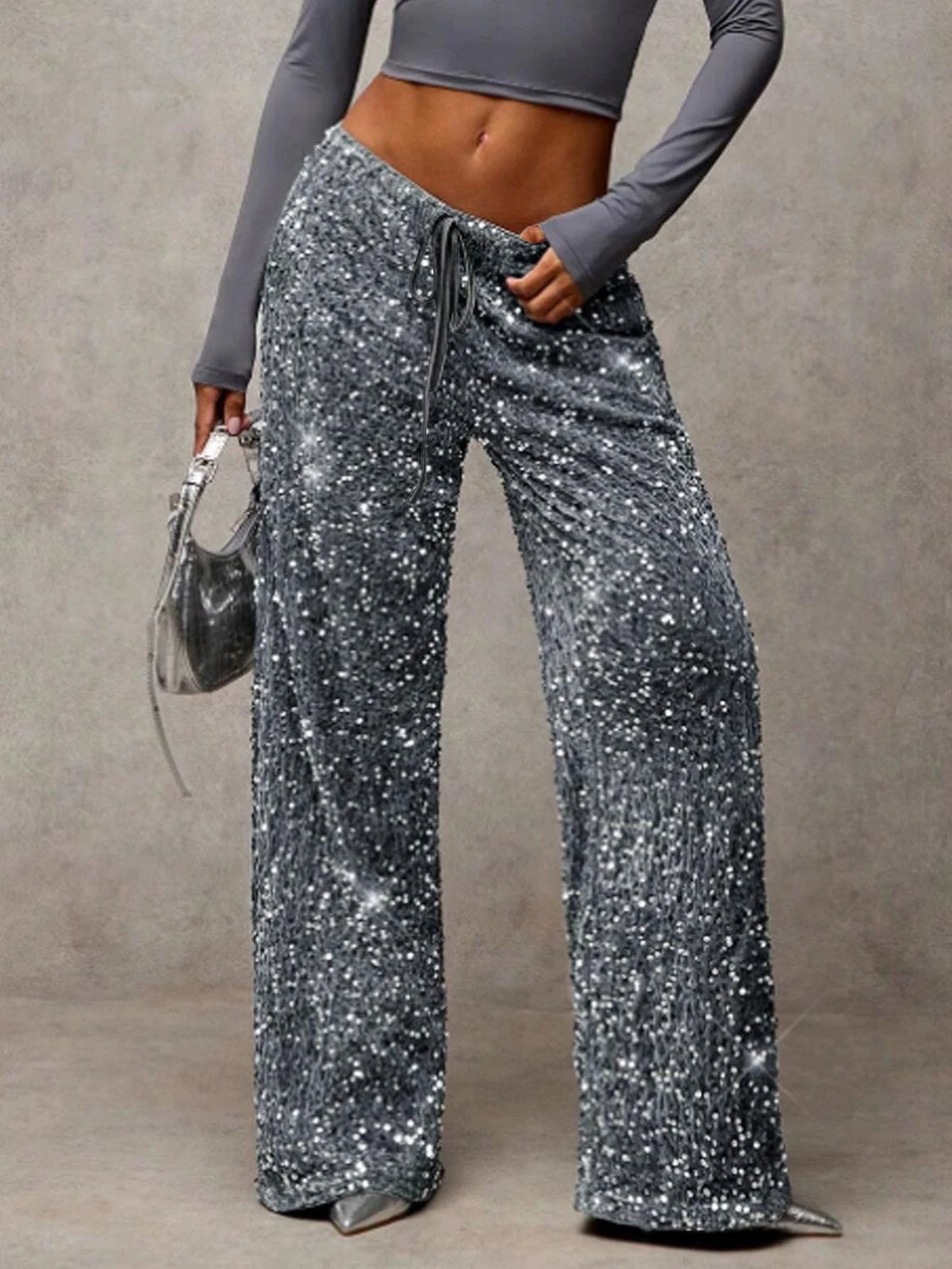Pantaloni da donna in stile euro-americano con paillettes, coulisse alla moda, effetto snellente, nuovi, elastici, a gamba dritta.