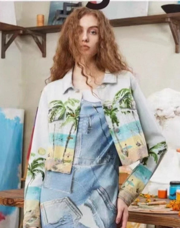 Una nuova giacca di jeans ampia e casual spagnola ricamata e color block dalla ordine di esportazione originale