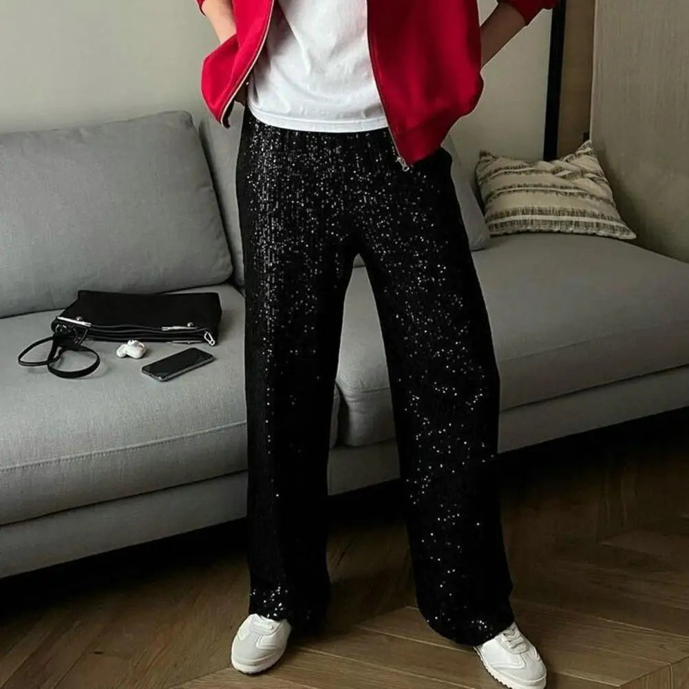 Pantaloni morbidi e comodi Pantaloni leggeri Pantaloni da donna a vita media e gamba larga Pantaloni con paillettes scintillanti Night Club Party Stage