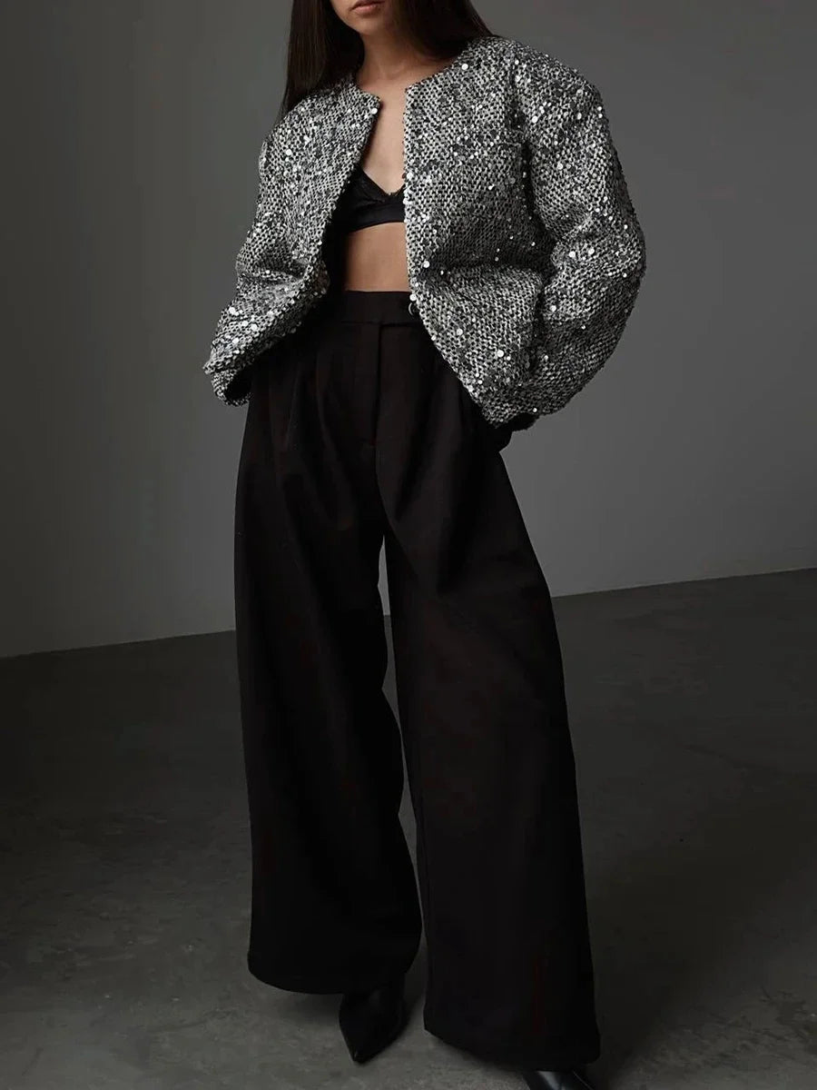 Giacca Corta da Donna Chic con Paillettes Argento, Cardigan Casual con Collo Tondo, Maniche Lunghe e Tasche, Elegante Cappotto Autunnale da Donna