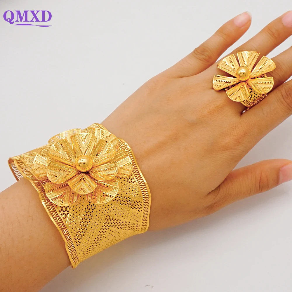 Bracciale color oro Dubai con anello per donna Bracciale con polsino a catena con ciondoli Bracciale indiano Arabo Francia Regali di gioielli da sposa