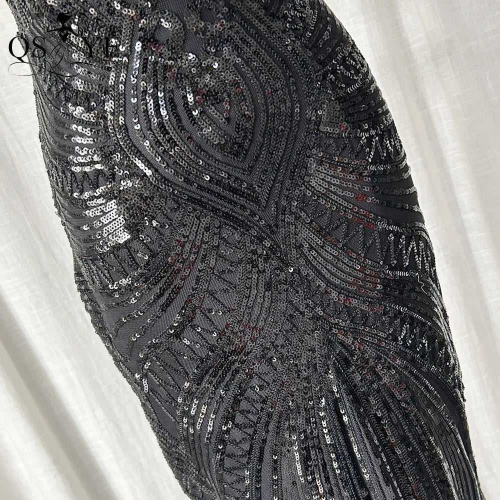 Abito da sera lungo nero semplice con paillettes, modello a sirena, spalline sottili, scollo a V, senza schienale, elegante per feste