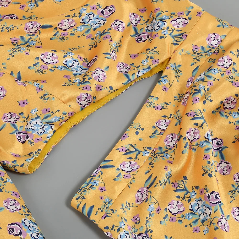 Abito Elegante e Sexy con Stampa Floreale, Orlo Asimmetrico, Collo Alto, Maniche a Palloncino, Lunghezza al Ginocchio