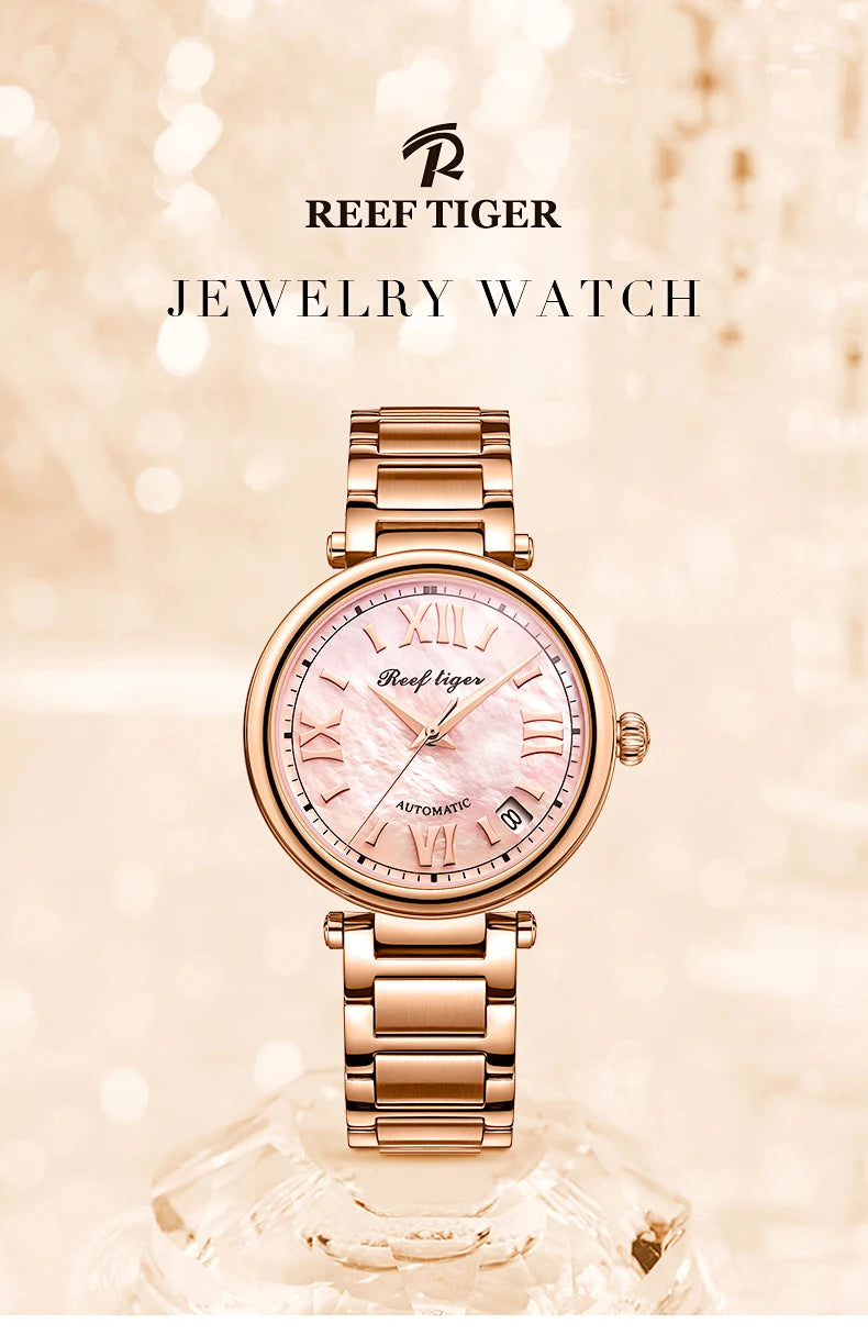 FolliFollie Orologio da donna automatico con quadrante in oro rosa e diamanti con numeri romani, cinturino in pelle, orologio da donna di lusso