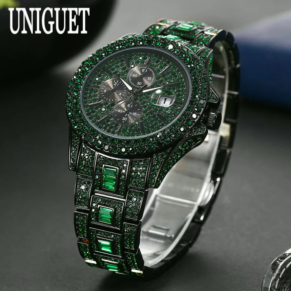 Vendita calda orologio rosso ghiaccio per uomo marchio di moda UNIGUET Hip Hop pieno di diamanti gioielli in acciaio inossidabile di lusso orologio da polso al quarzo uomo