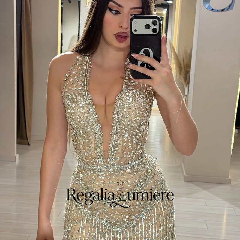 Abito da Cocktail Corto RL Personalizzato Sexy con Halter e Nappe Argentate, Cristalli Scintillanti, Corsetto di Lusso, Abito da Sera per Nightclub