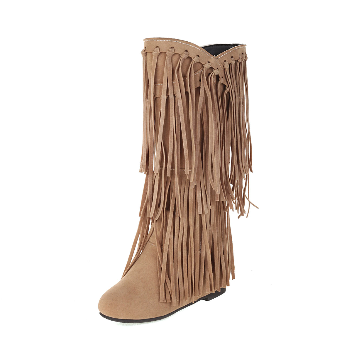 Scarpe da donna primavera e autunno moda nuovo stile Sexy stivali da donna al ginocchio floccato punta tonda frangia alta 3cm plus size 34-48
