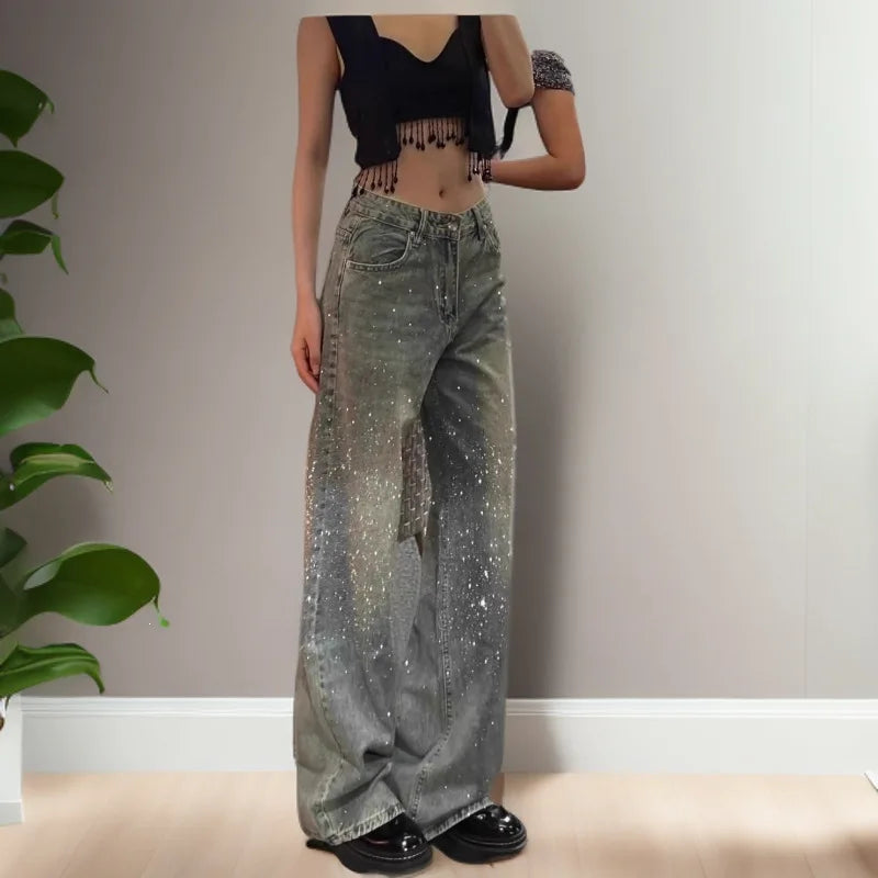 Jeans a Gamba Larga con Diamanti Scintillanti, Vita Alta, Vestibilità Ampia, Lunghezza al Pavimento, Stile Artistico Retrò, Moda Casual, Collezione Primavera
