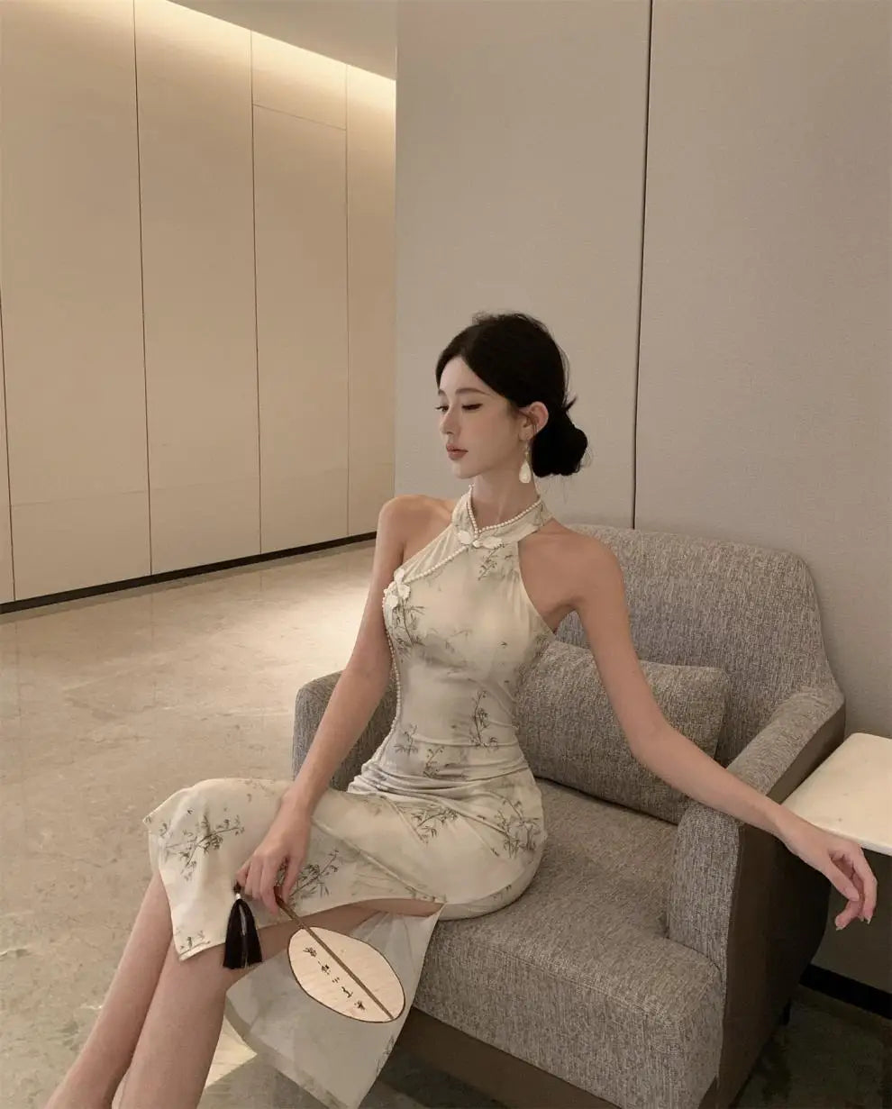 Abito lungo a vita alta senza maniche, stile retrò, con perline, modello cheongsam migliorato, aderente e snellente, per il tempo libero e il commuting.