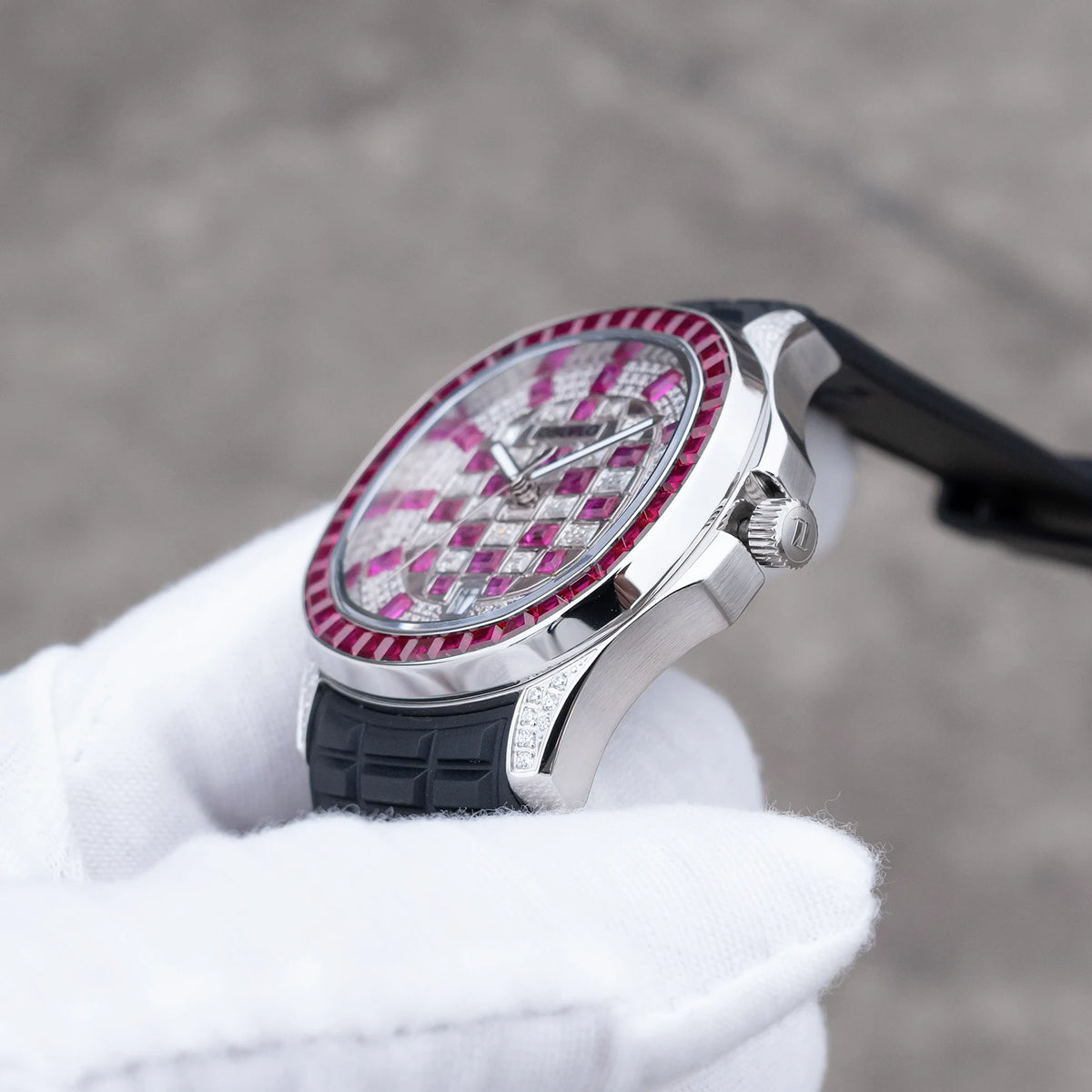 Orologio Quadrato di Lusso da Uomo OBLVLO con Movimento Meccanico Automatico, Diamanti Rosa, Cinturino in Silicone, Impermeabile FM-DSL