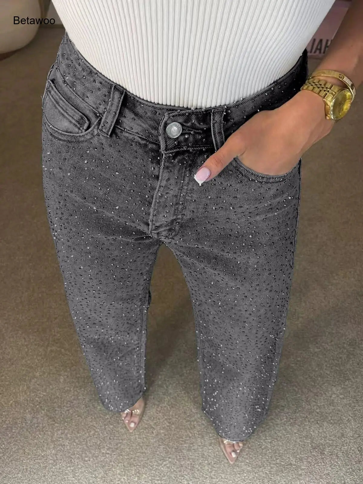 Jeans da Donna a Vita Alta con Strass, Gamba Larga, Lavaggio Chiaro, Pantaloni in Denim Scintillanti a Gamba Dritta