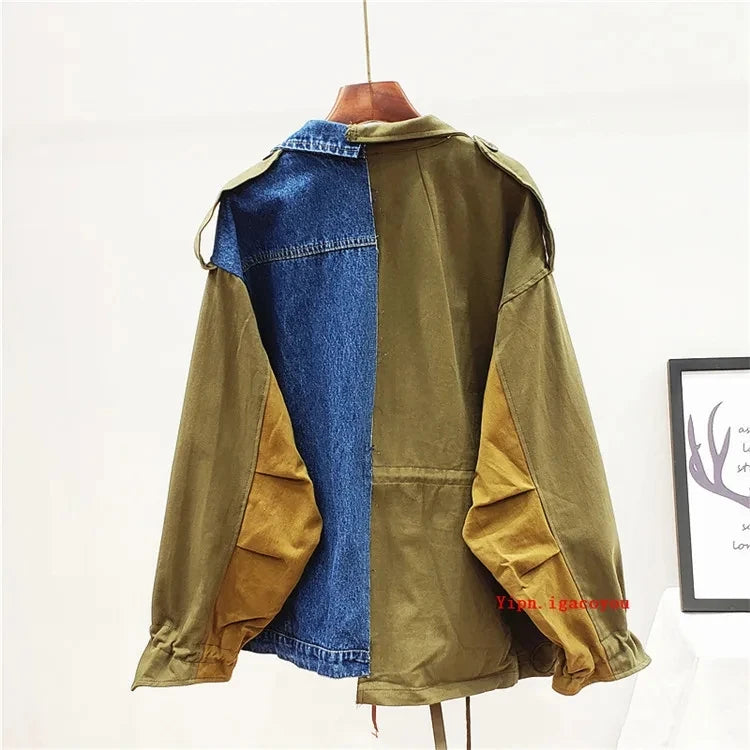 Cappotto giacca di jeans patchwork a contrasto di colore donna autunno moda lettera allentata stampa capispalla Chaquetas Mujer giacca di jeans femminile