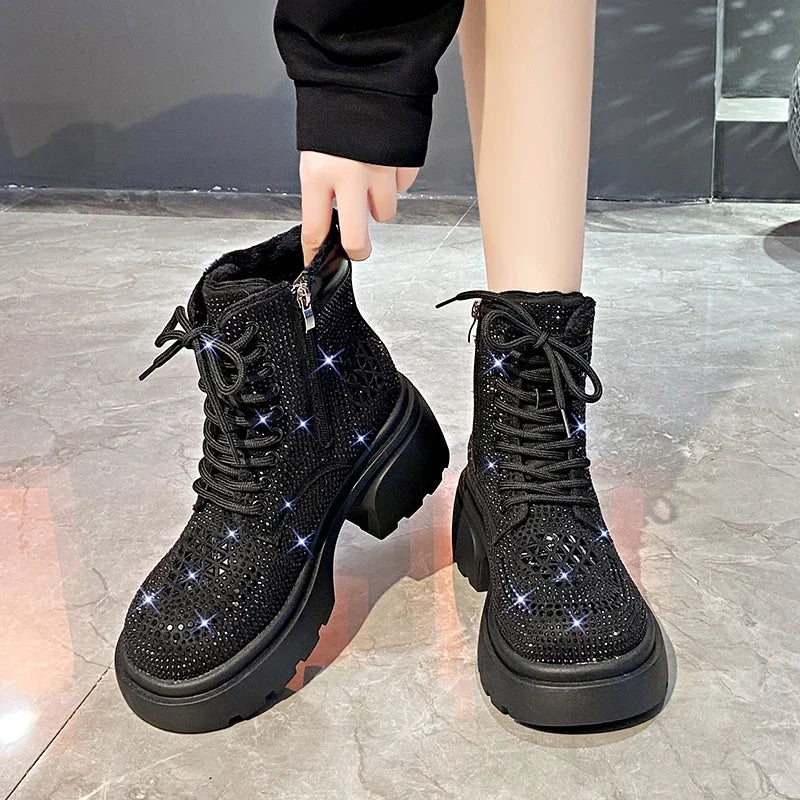 Stivaletti corti con diamanti con paillettes Donna Autunno Inverno Moda di lusso Stivali alti con tacco spesso Stivali stringati Scarpe casual da festa all'aperto