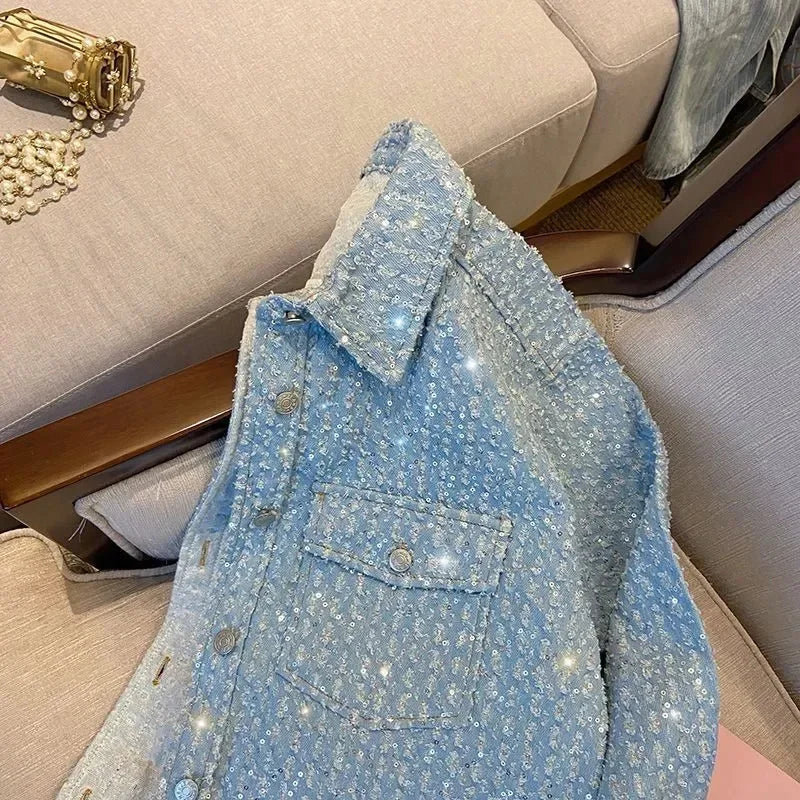 2024 primavera autunno nuovo cappotto donna industria pesante giacca blu femminile amanti della strada moda allentata tasca top camicia giacche