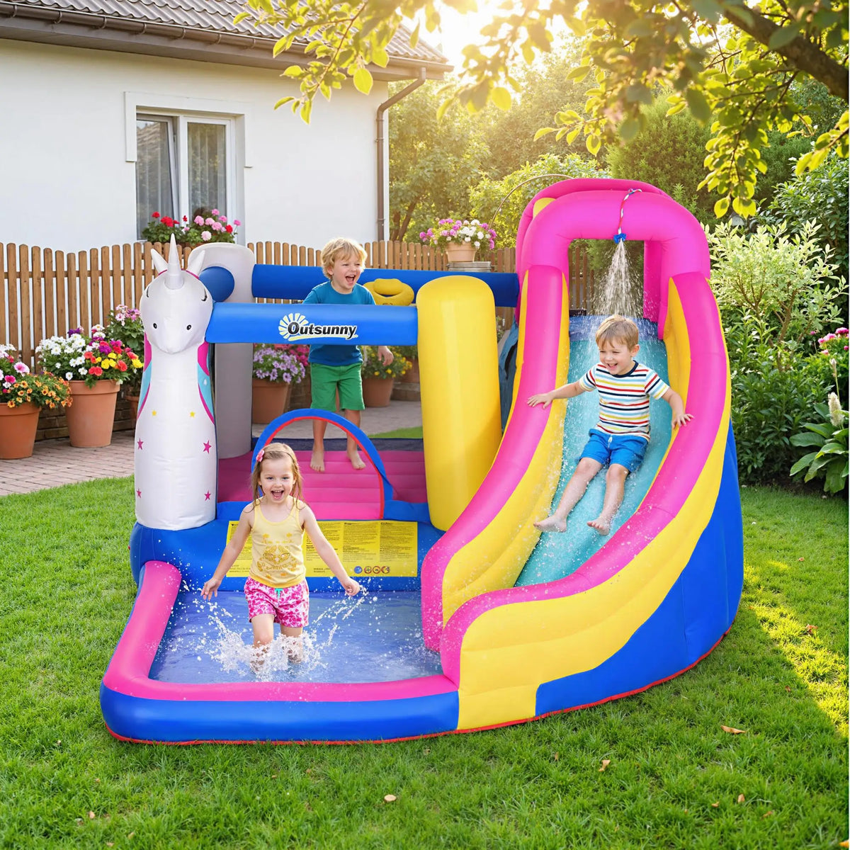 Castillo hinchable unicornio con soplador, tobogán, piscina y canasta de baloncesto 360x305x210cm